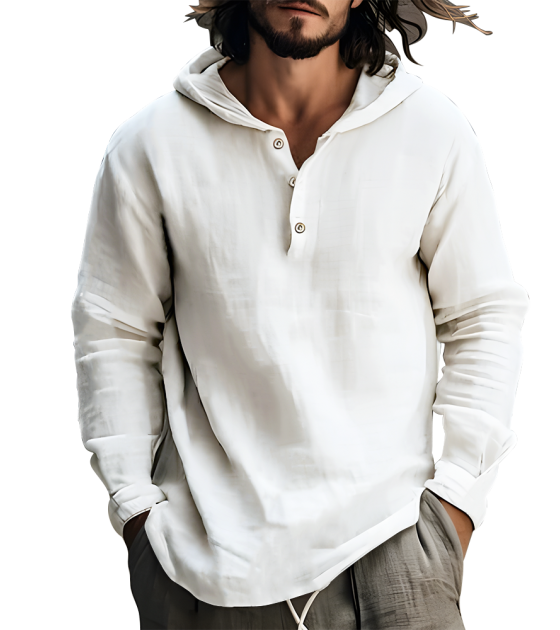 男半门襟3粒扣连帽长袖衬衫-LTMJ100741 - 竹节麻-120g/S